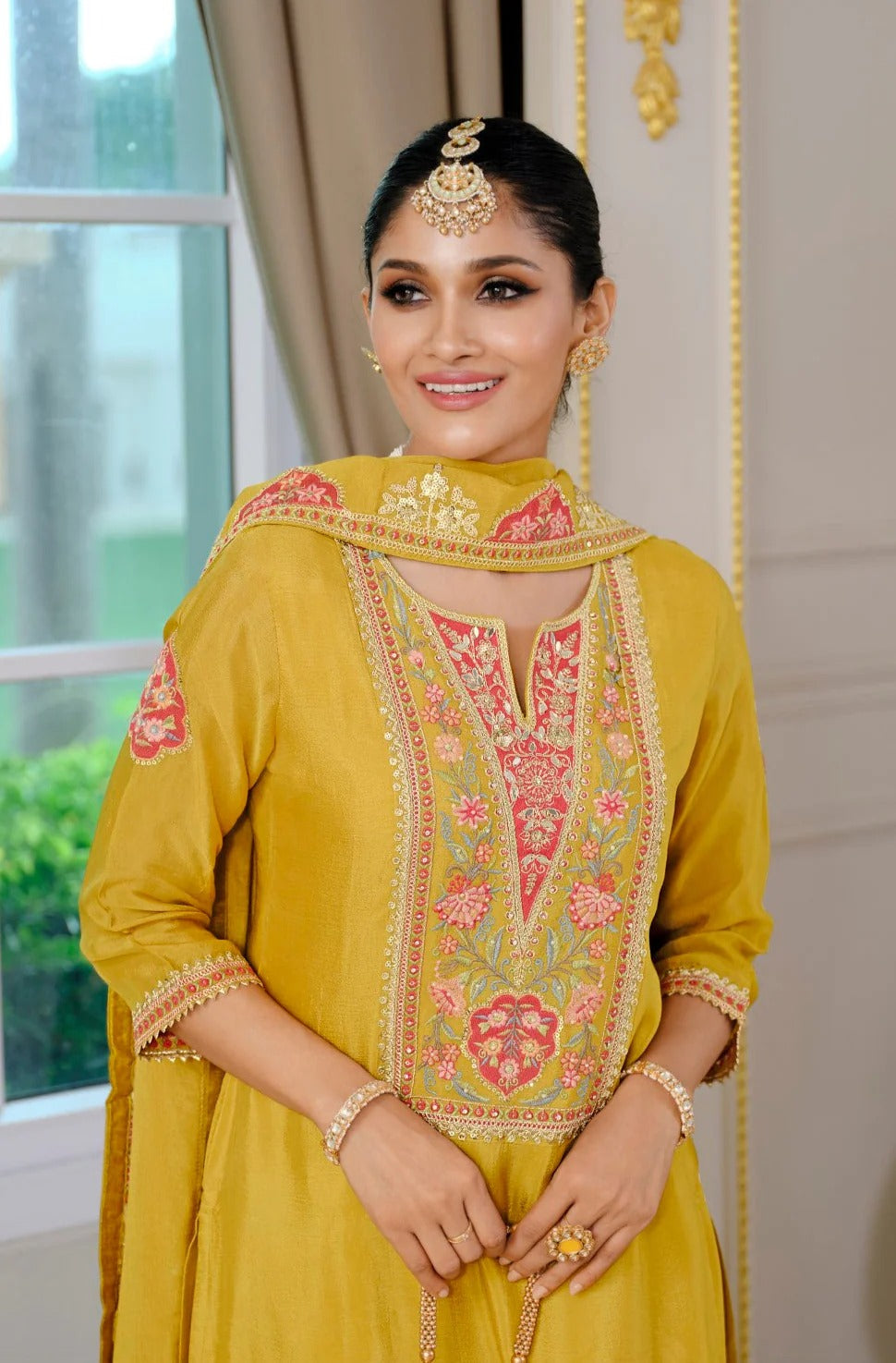 Evanik Luxury Wedding Yellow Embroidered Kurta Palazzo Set