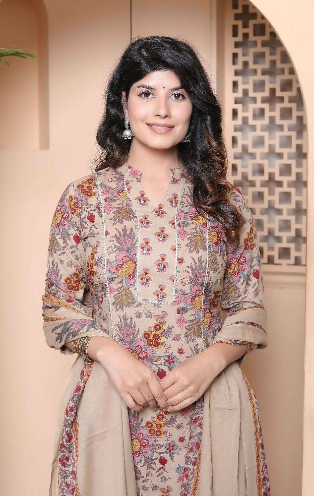 Miravan Womens Multicolor Floral Printed Pure Cotton Kurta And Palazzo With Dupatta Set