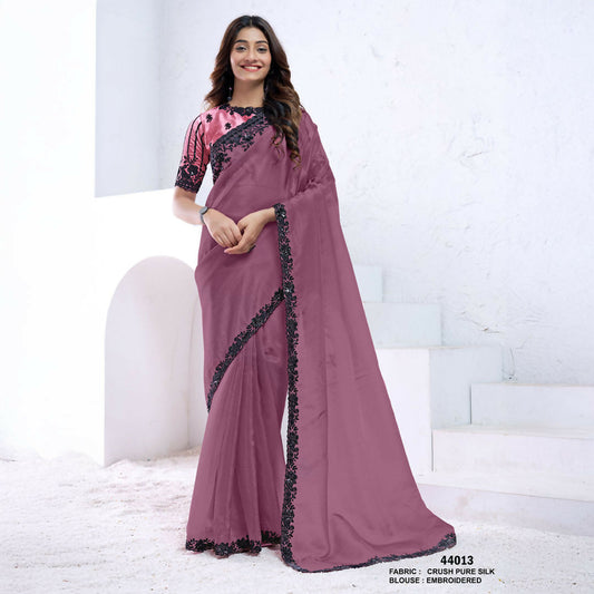 Dark Mauve Crush Pure Silk Sequence With Hand Work Saree With Unstitched Blouse - Norita Swaraa