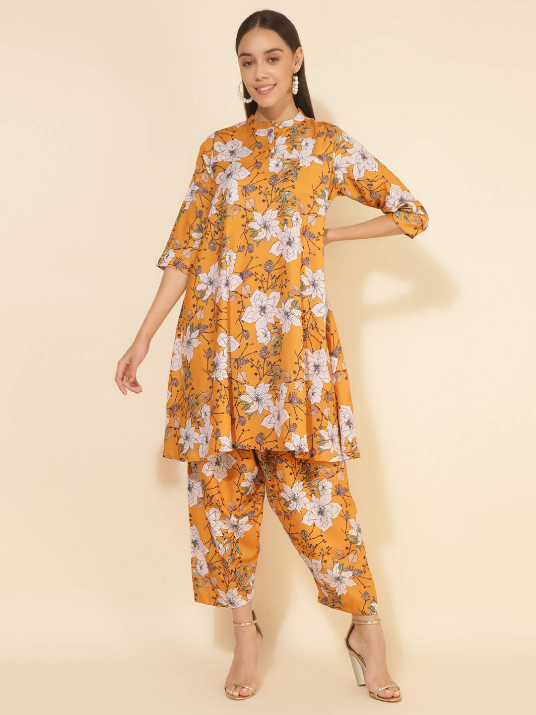 Janasya Women's Mustard Moss Digital Floral Printed Casual A-line Co-ords 
