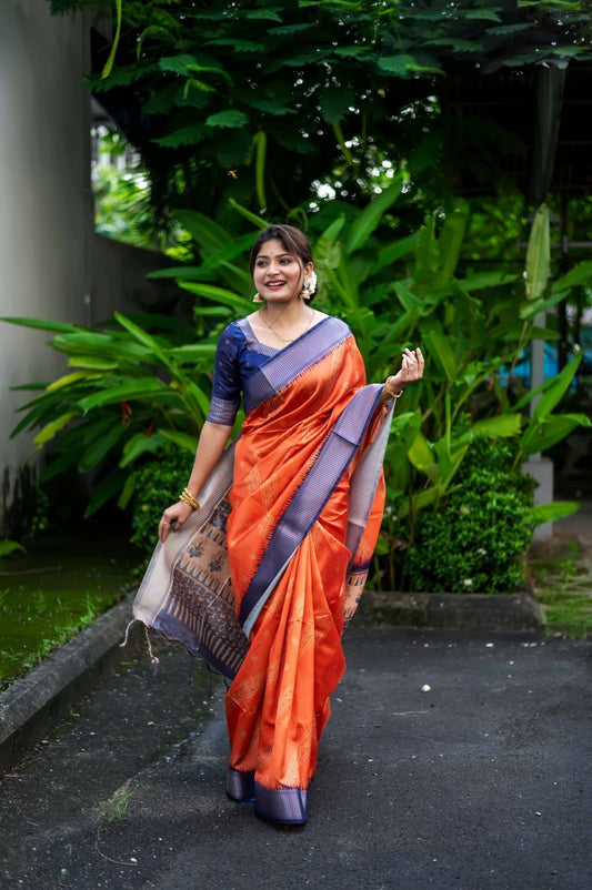 Aastha Fashion Orange Woven Soft Silk Saree with Blouse - Grab2buy