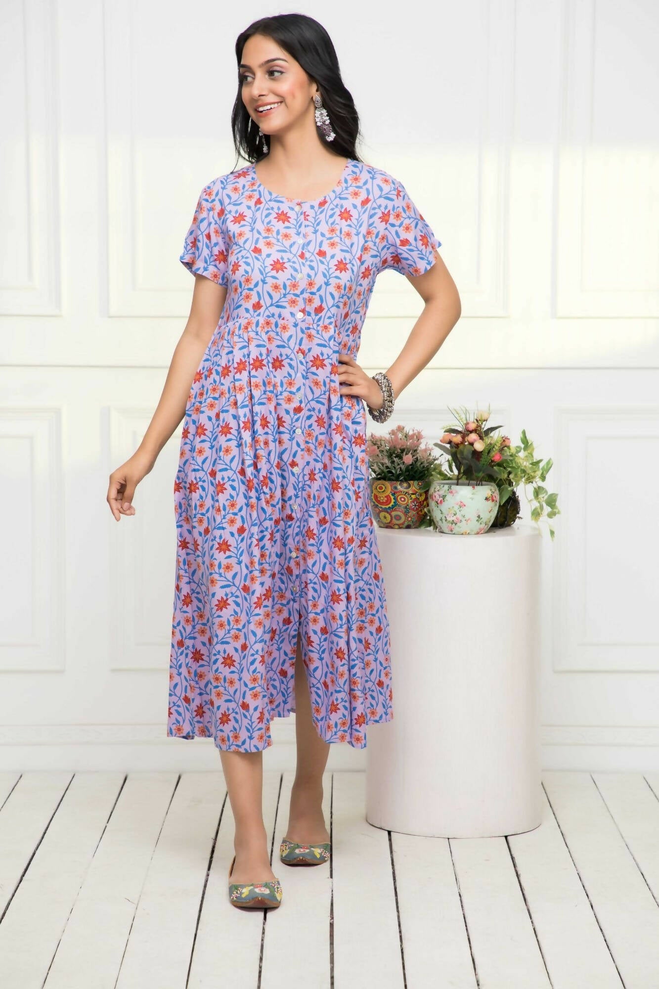 Myshka Women Purple Floral Rayon A-Line Round Neck Dress