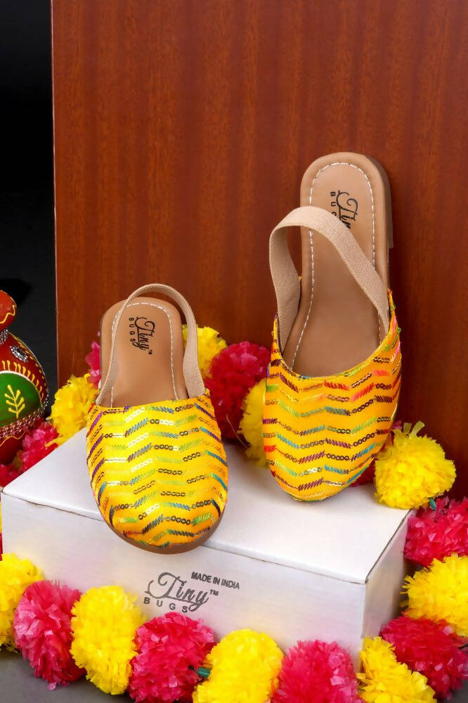 Tiny Bugs Girls Embroidered Strap Ethnic Jutis-Yellow  Grab2Buy Tiny Bugs Grab2Buy