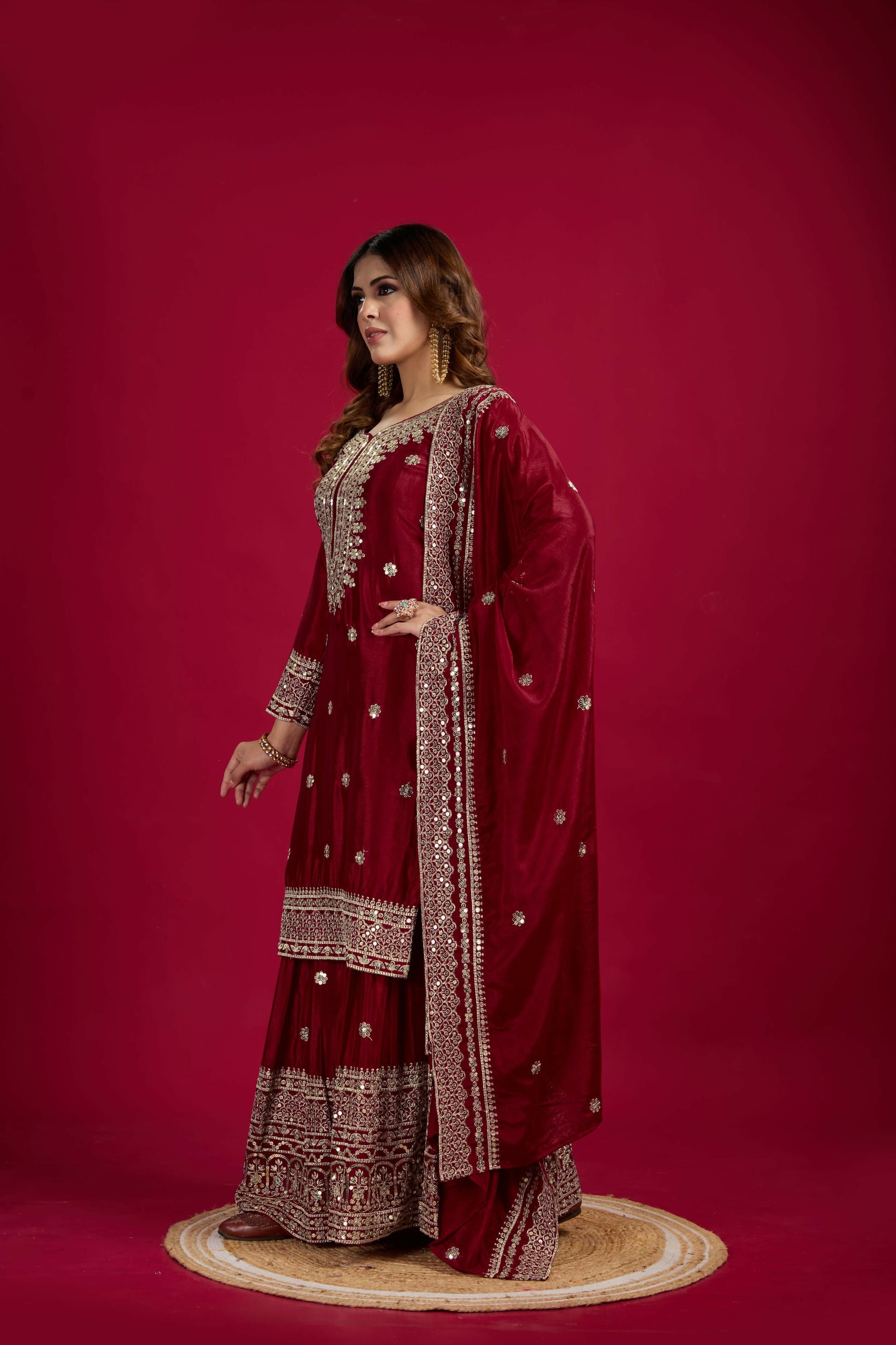 Joban Fashion Maroon Kurta Set Silk Sequins , Zari, Coding & Thread Embroidered work