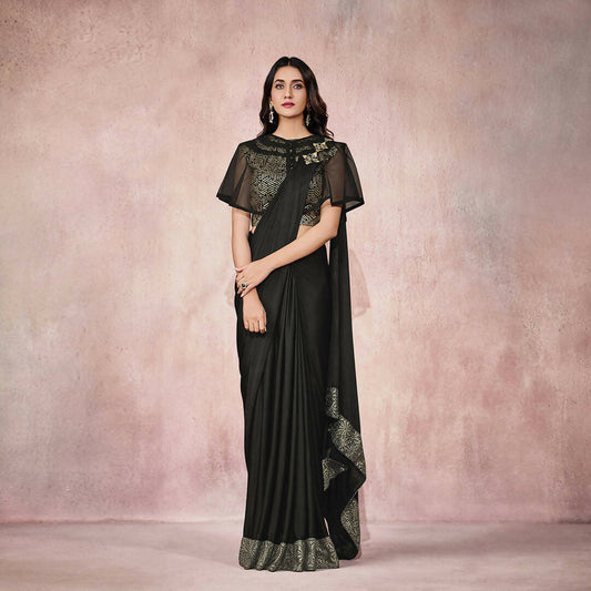 Black Lycra Embroidery Designer Saree With Blouse - Mohmanthan Sitaarah