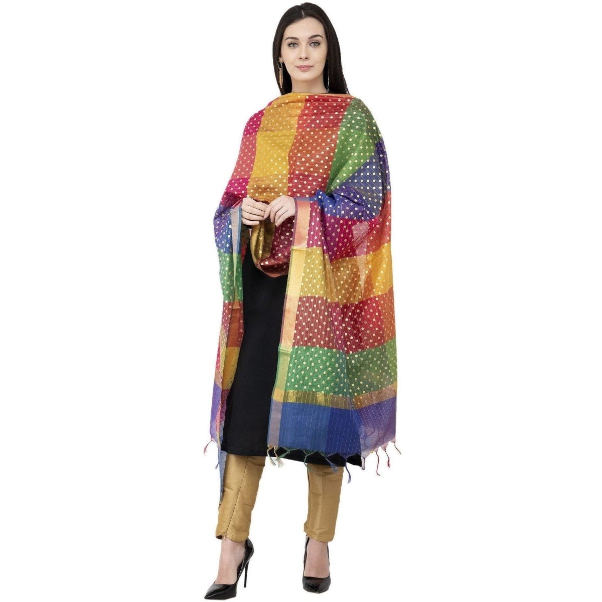 A R Silk Multi Box Gold Print Fancy Dupatta Multi Color Color Dupatta or Chunni 