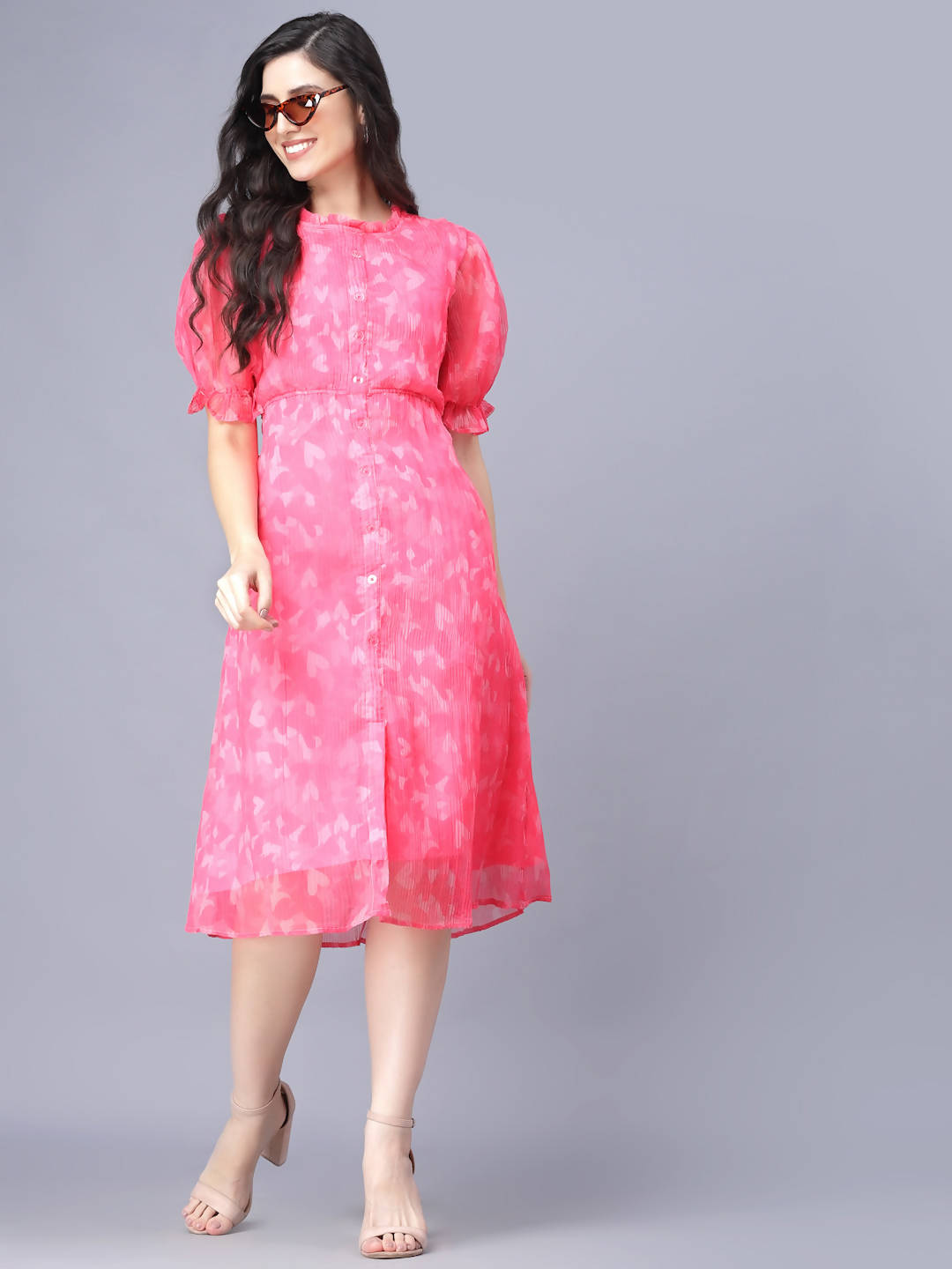 Myshka Women Pink White Floral Organic Cotton Midi Dress