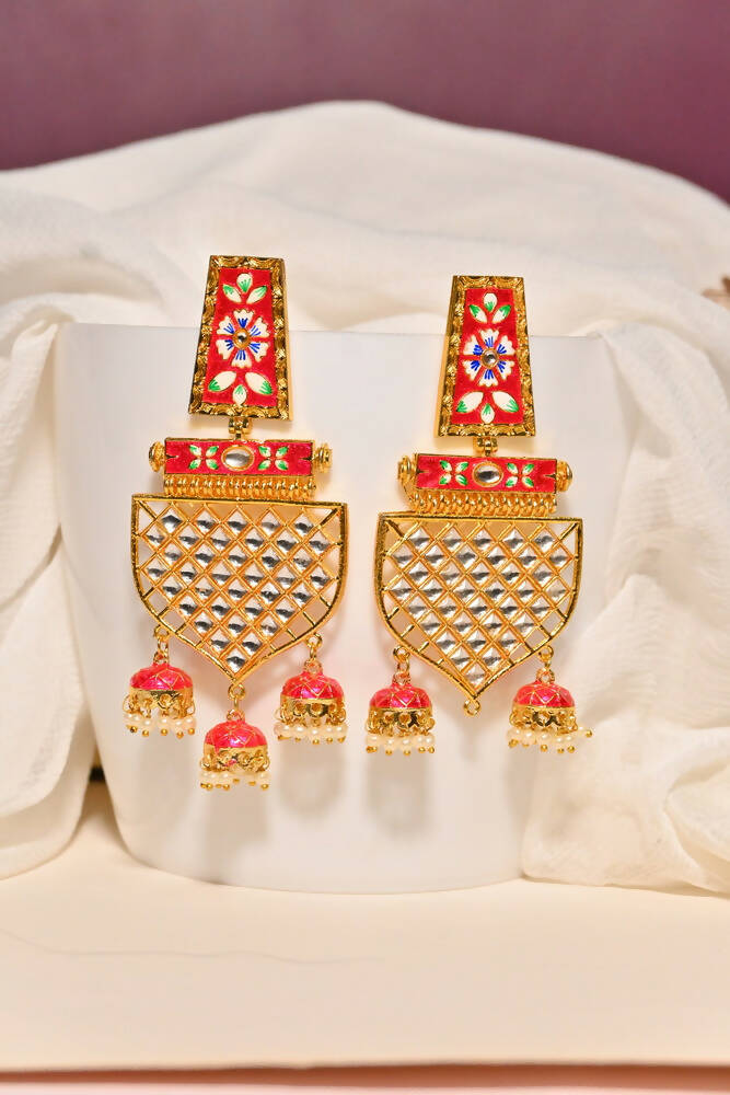 Traditional Gold-Plated Meenakari Red Jhumka Jhumki Earrings By House of Ree - Grab2buy