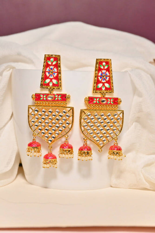 Traditional Gold-Plated Meenakari Red Jhumka Jhumki Earrings By House of Ree - Grab2buy