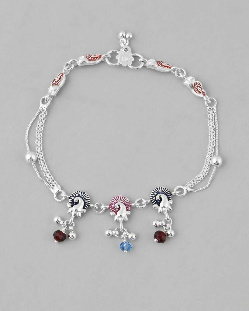 VOJ Set of 2 Silver Plated Peacock Shaped Multi Color Anklet 