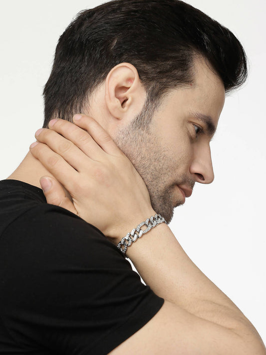 NVR Men Silver-Plated Stainless Steel American Diamond Studded Link Bracelet | Grab2Buy