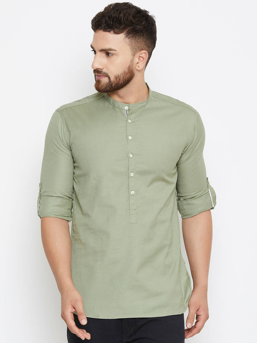Even Apparels Green Color Men's Pure Cotton Kurta With Band Collar 