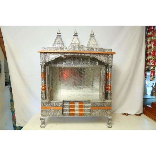 Silver Coated 4 Door with 3 Monument Towers Silver Pooja Mandir / Silver Pooja Mandiram - Grab2buy
