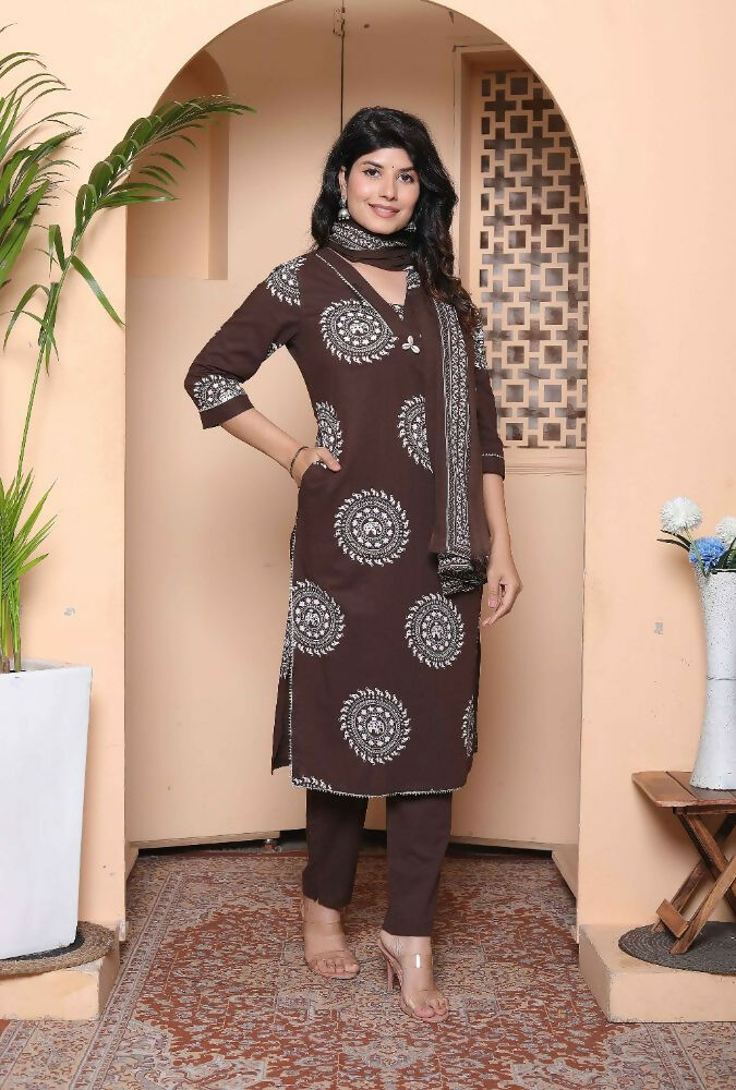 Miravan Womens Animal Print Cotton Brown Stitched Kurta Palazzo With Dupatta Set