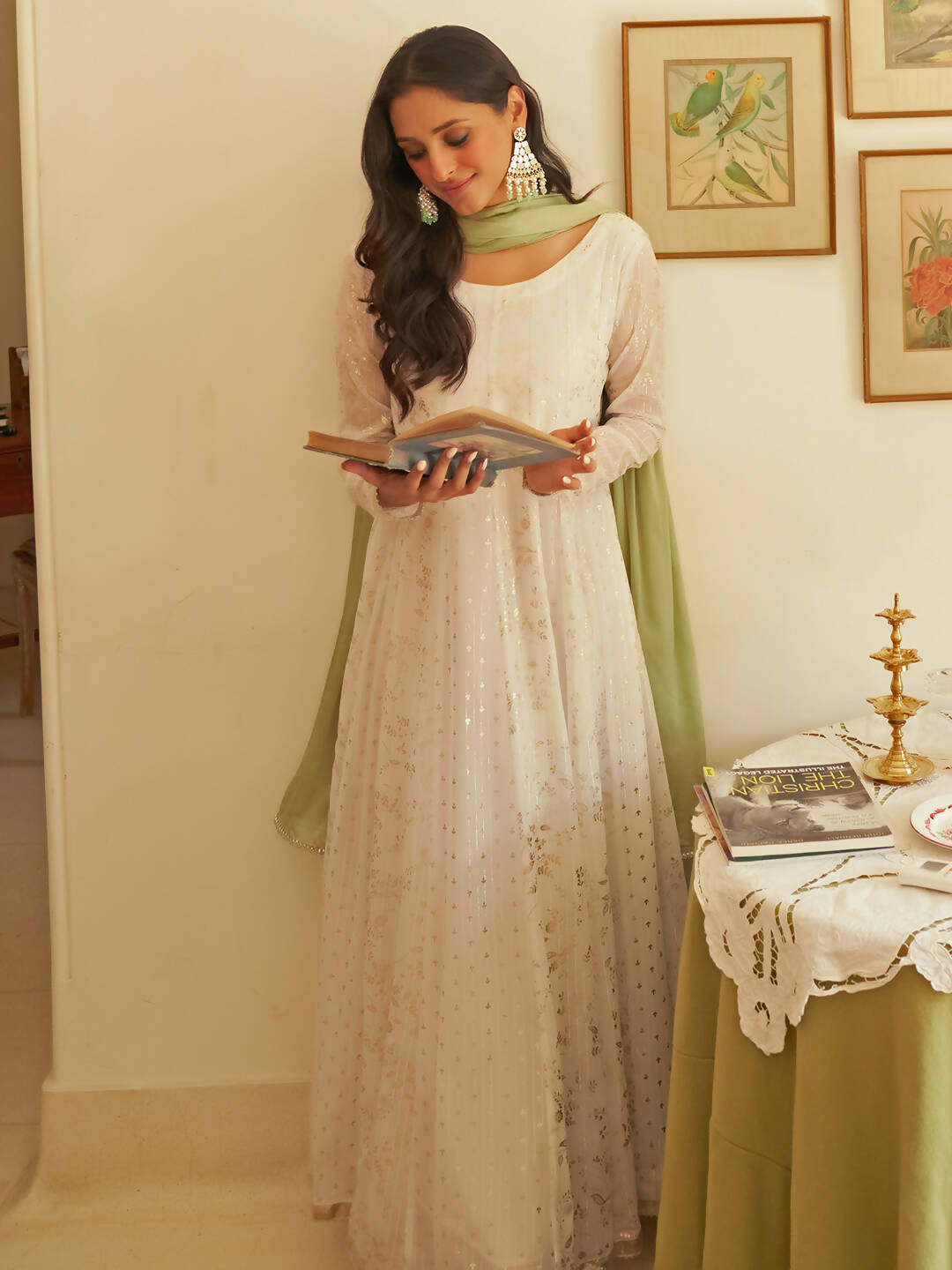 Janasya Women's White Chiffon Lurex Foil Printed Festive Anarkali Kurta Set 