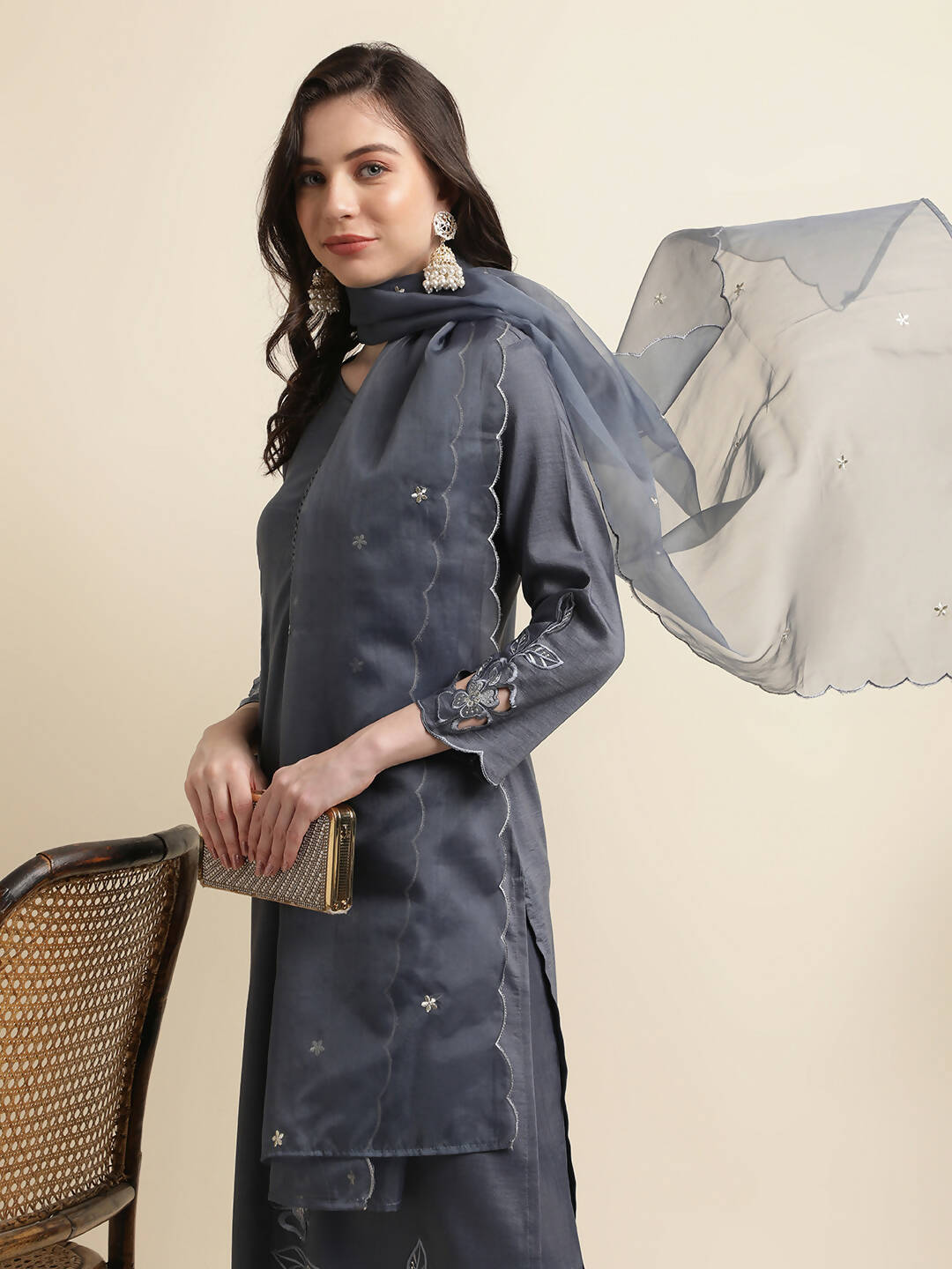 Grey Chinon Silk Embroidered Straight Kurta with Trouser & Dupatta - Salimar