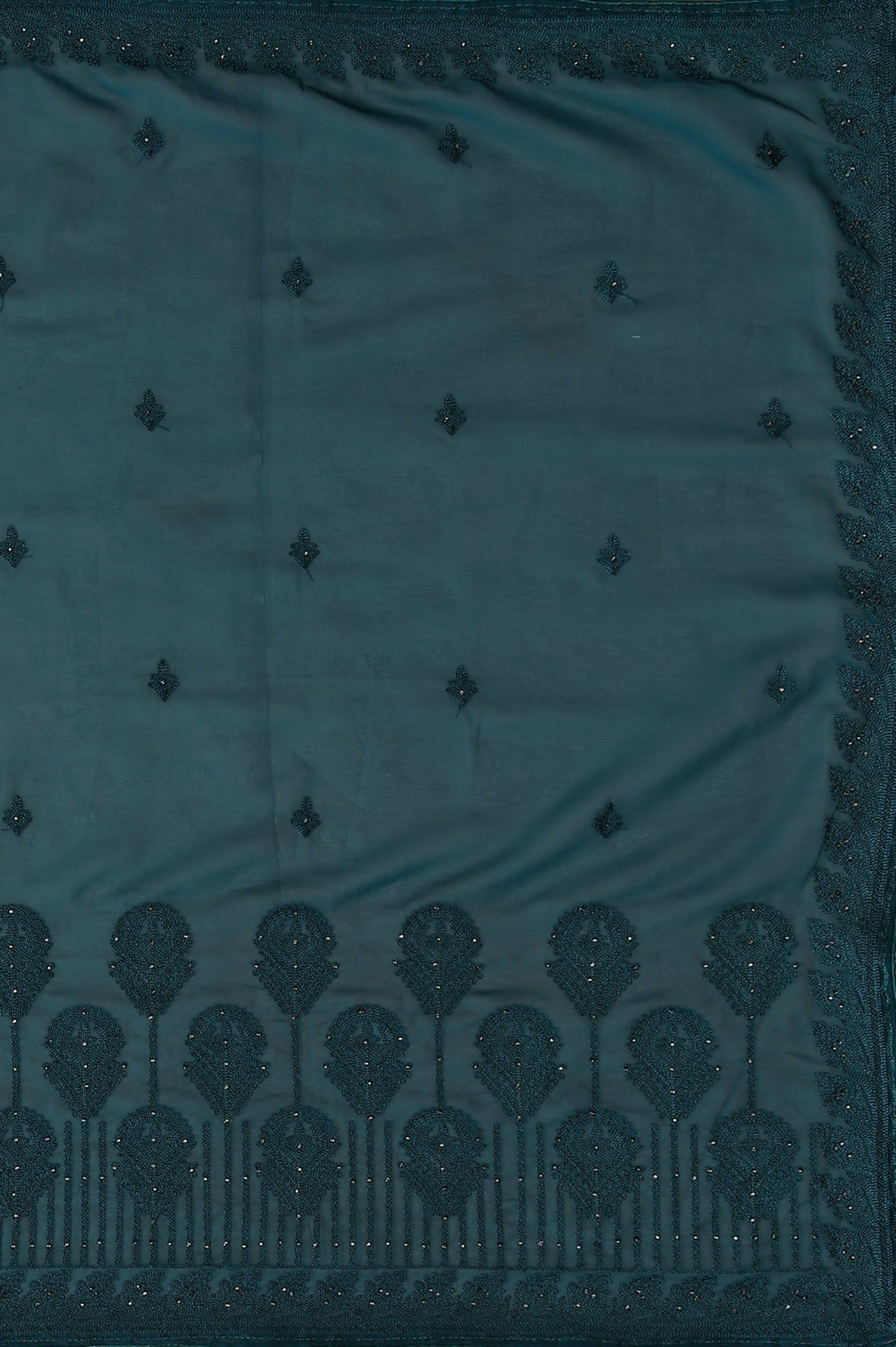 Teal Georgette Embroidered and Stone Work Saree with Unstitched Blouse Piece - Roozal