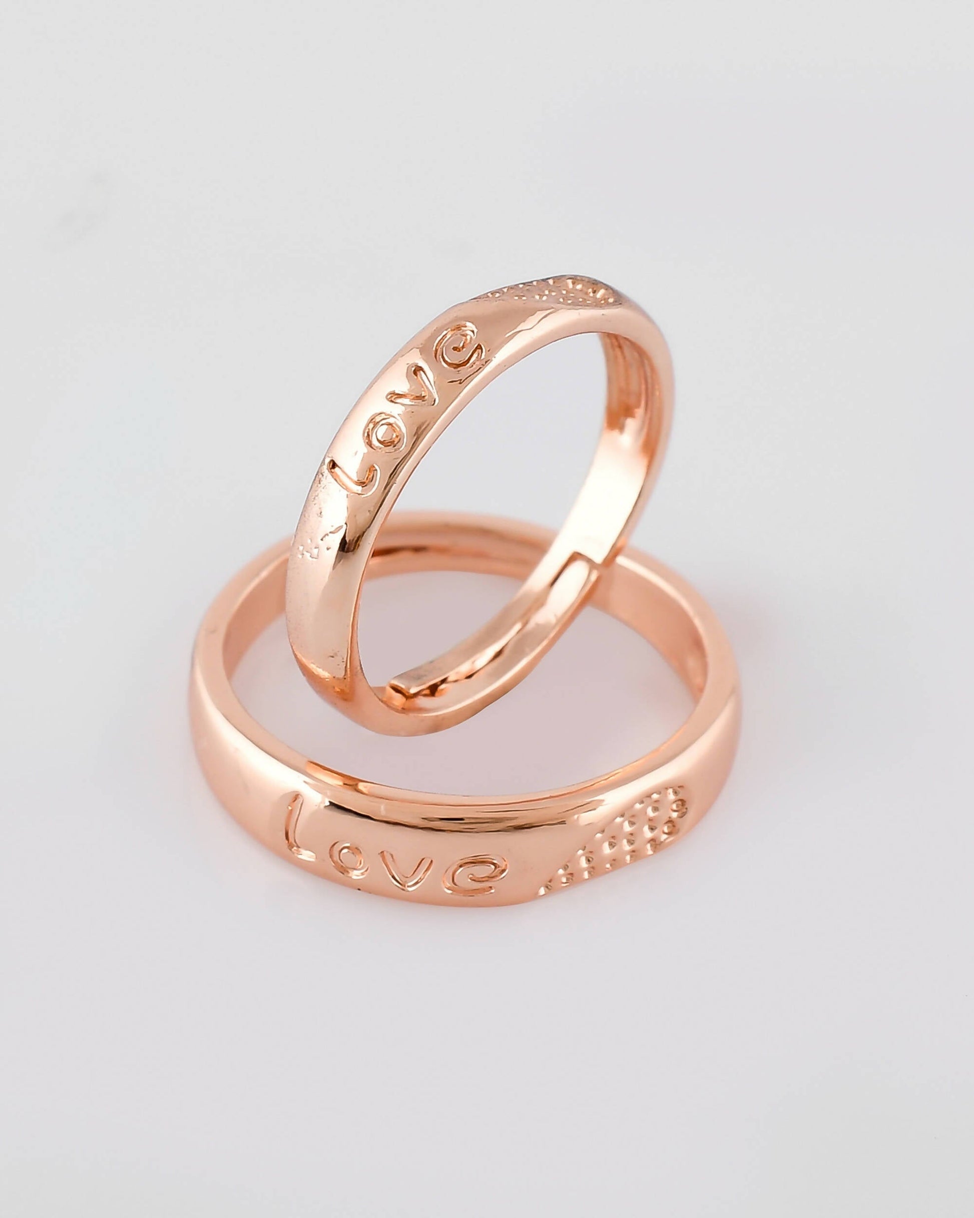 VOJ Stainless Steel Cubic Zirconia Gold-Polished Adjustable Couple Ring Set 