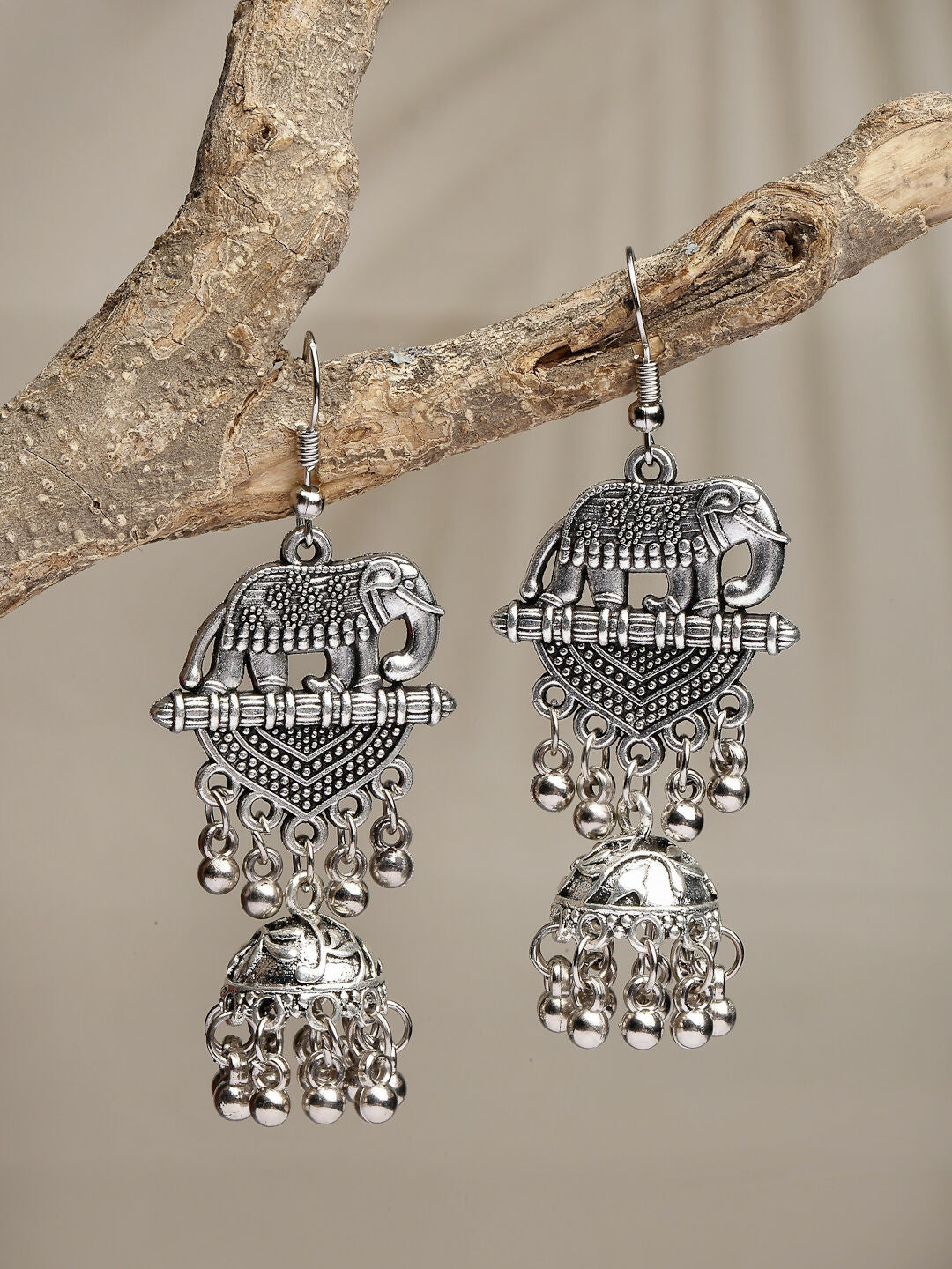 NVR Women's Silver-Toned Elephant Design German Silver Oxidised Dome Shaped Jhumka Earrings 