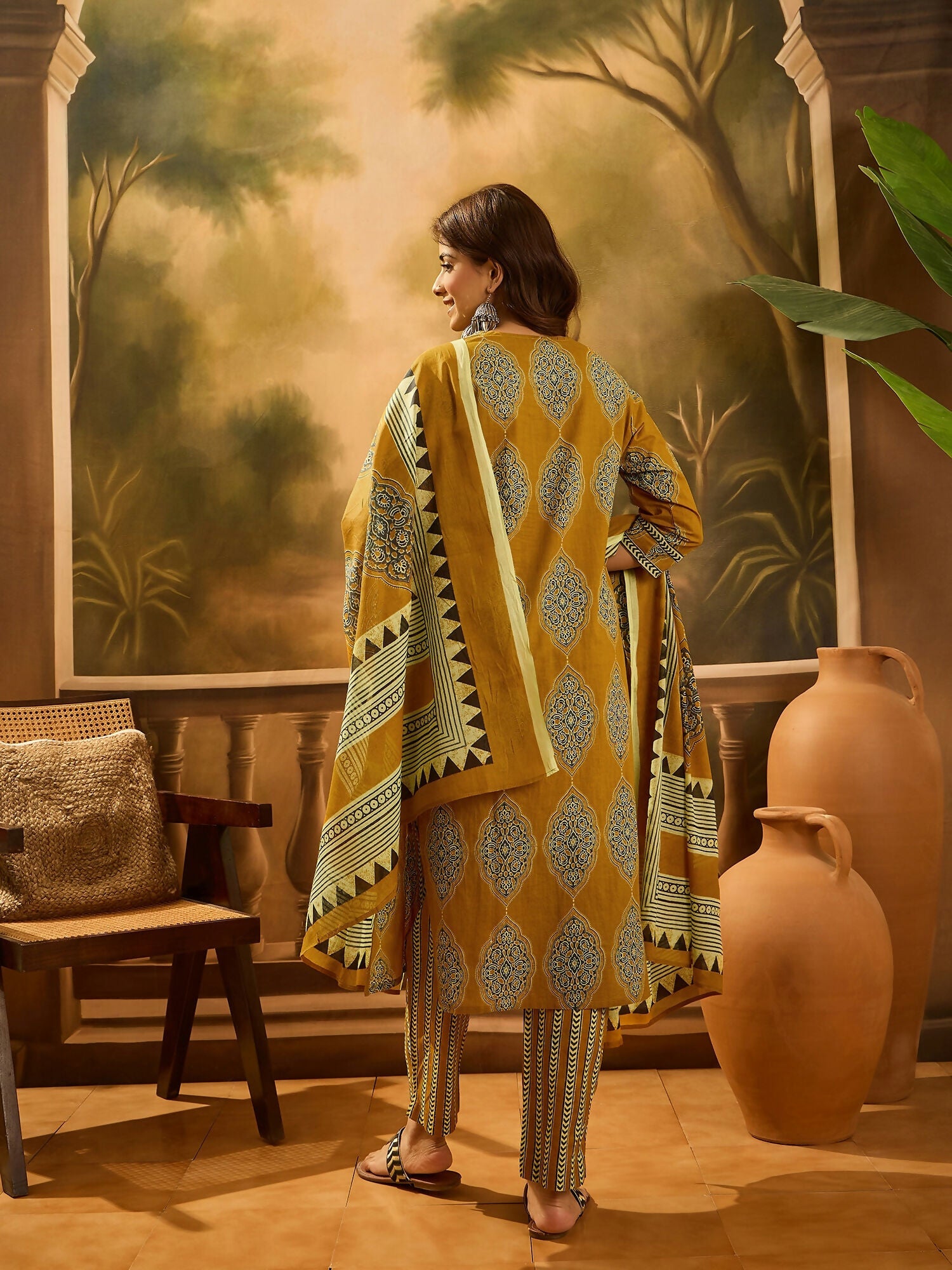 Joban Fashion Printed Mustard Pure Cotton Kurta Set