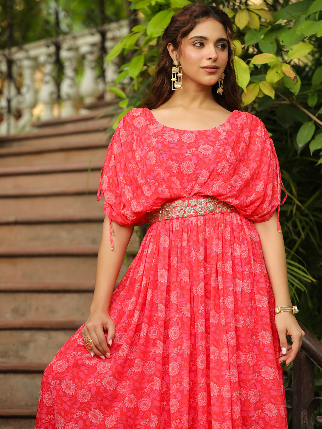 Janasya Pink Georgette Floral Gown 