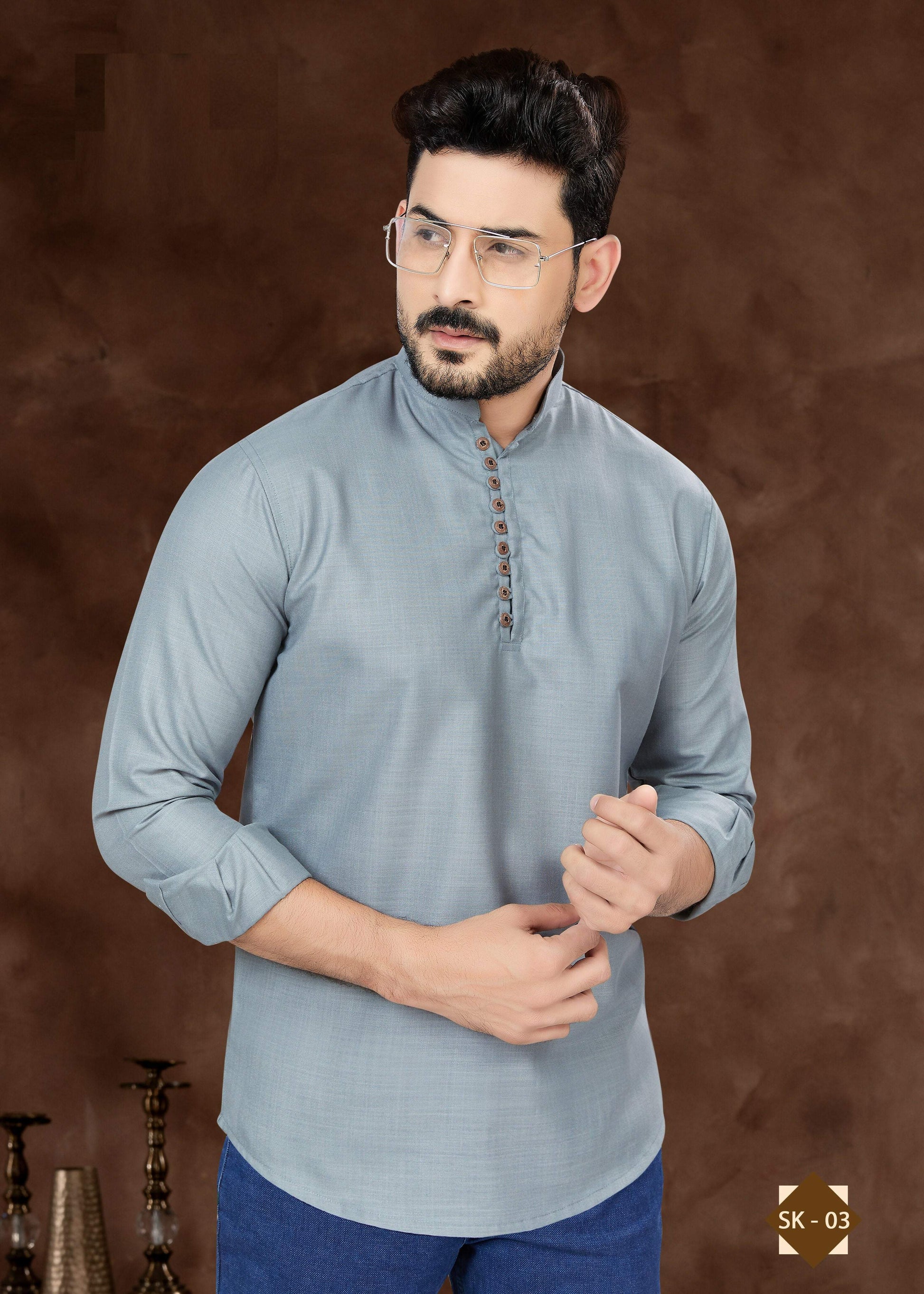 Joban Fashion Men's Pure Cotton Grey Plain Short Kurta