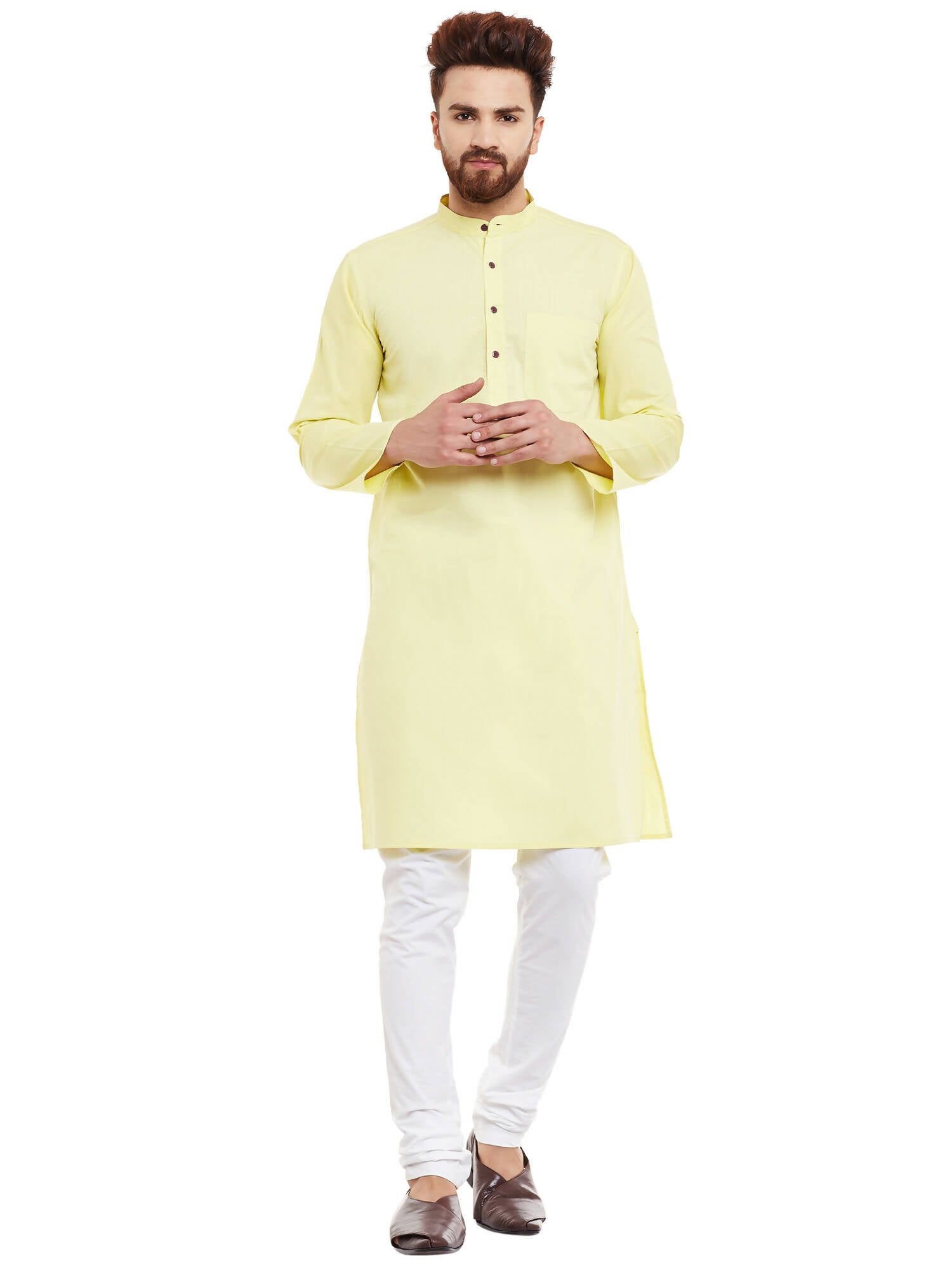 Even Apparels Yellow Pure Cotton Men's Kurta With Band Collar 