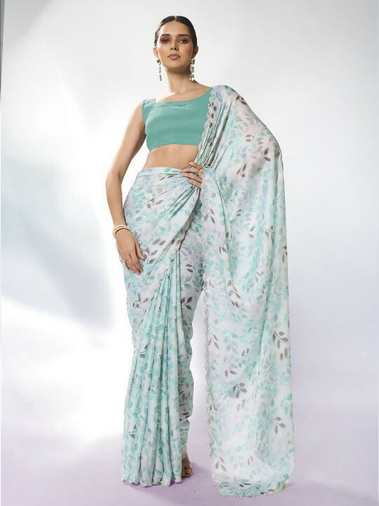 Sea Green Satin Georgette Designer Printed Saree - Shezlin