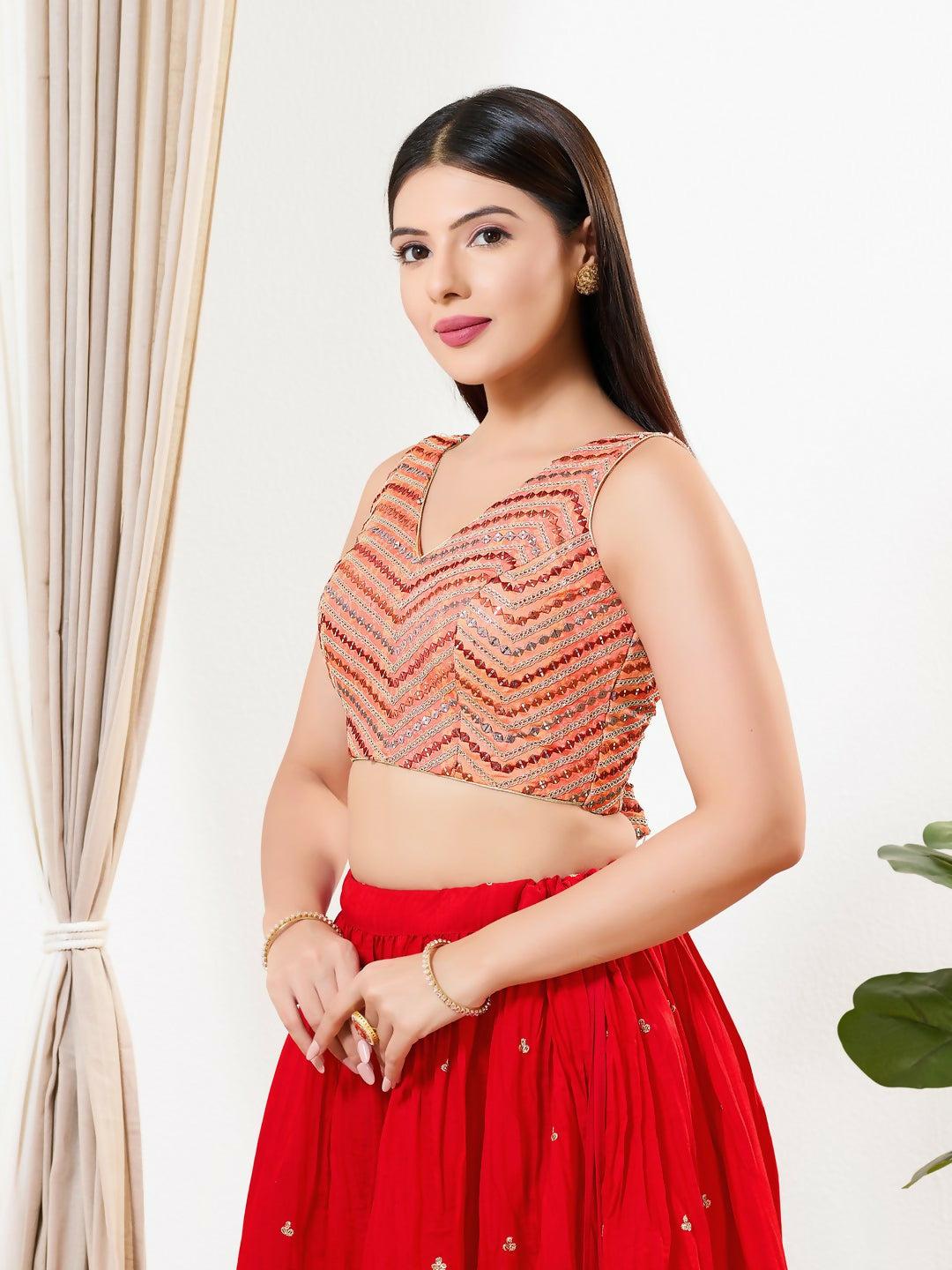 Joban Fashion Light Red Silk Padded Blouse With V Neck Sleeveless