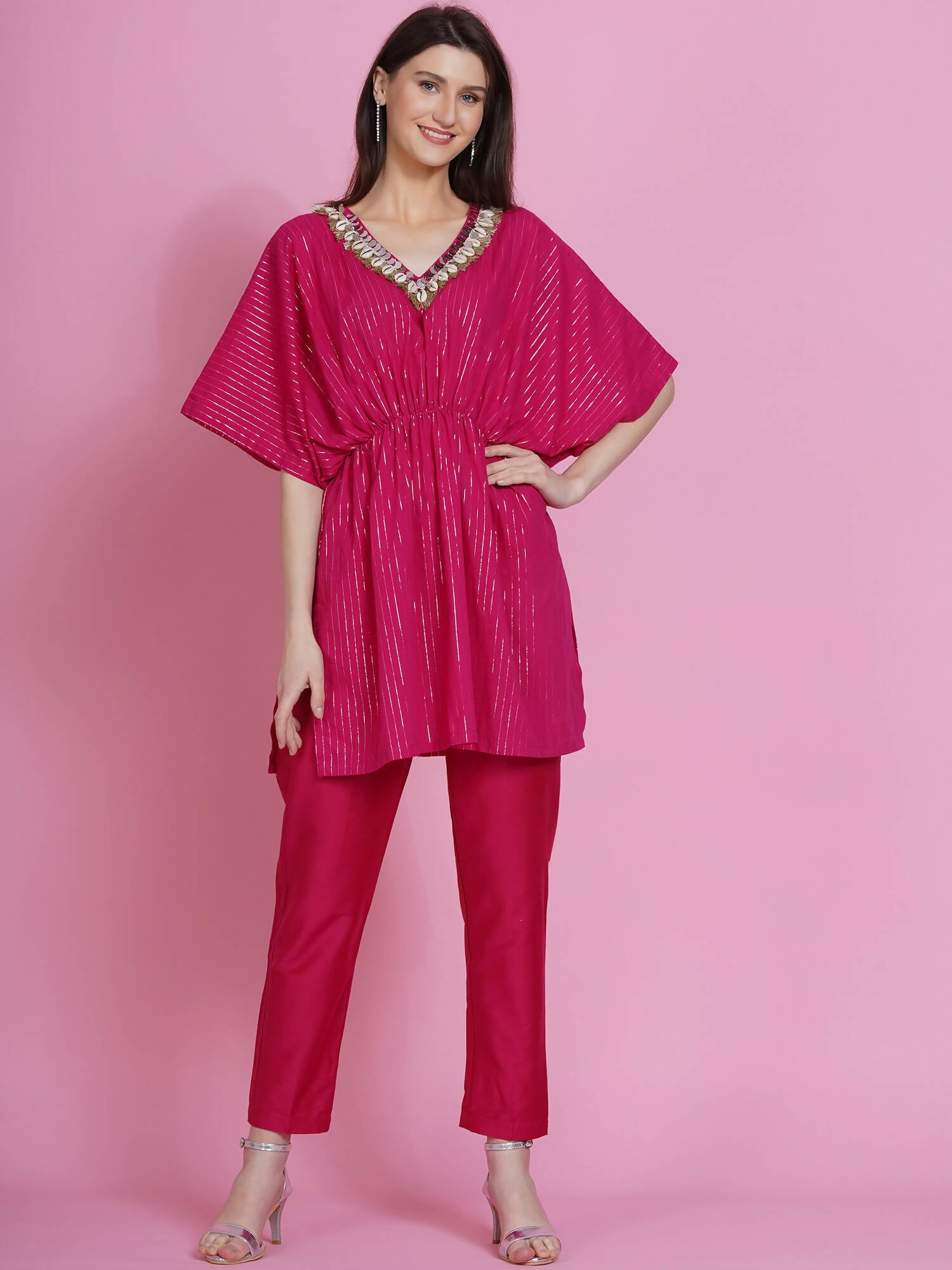 Women Republic Pink Lurex Cotton Kaftan Style Kurta With Pants - Grab2buy