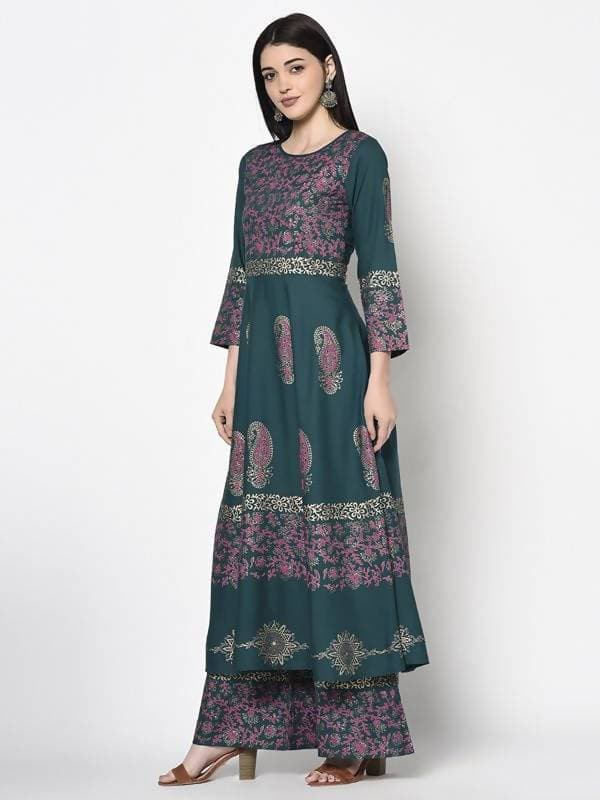 Aniyah Rayon Teal Blue Color Block Print Anarkali Kurta (AN-221K)