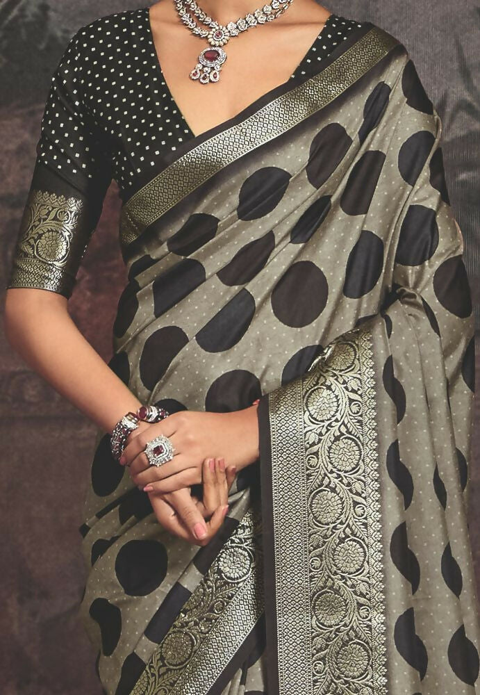 Joban Fashion Dark Grey Dola Tussar Silk Self Jacquard Border Saree