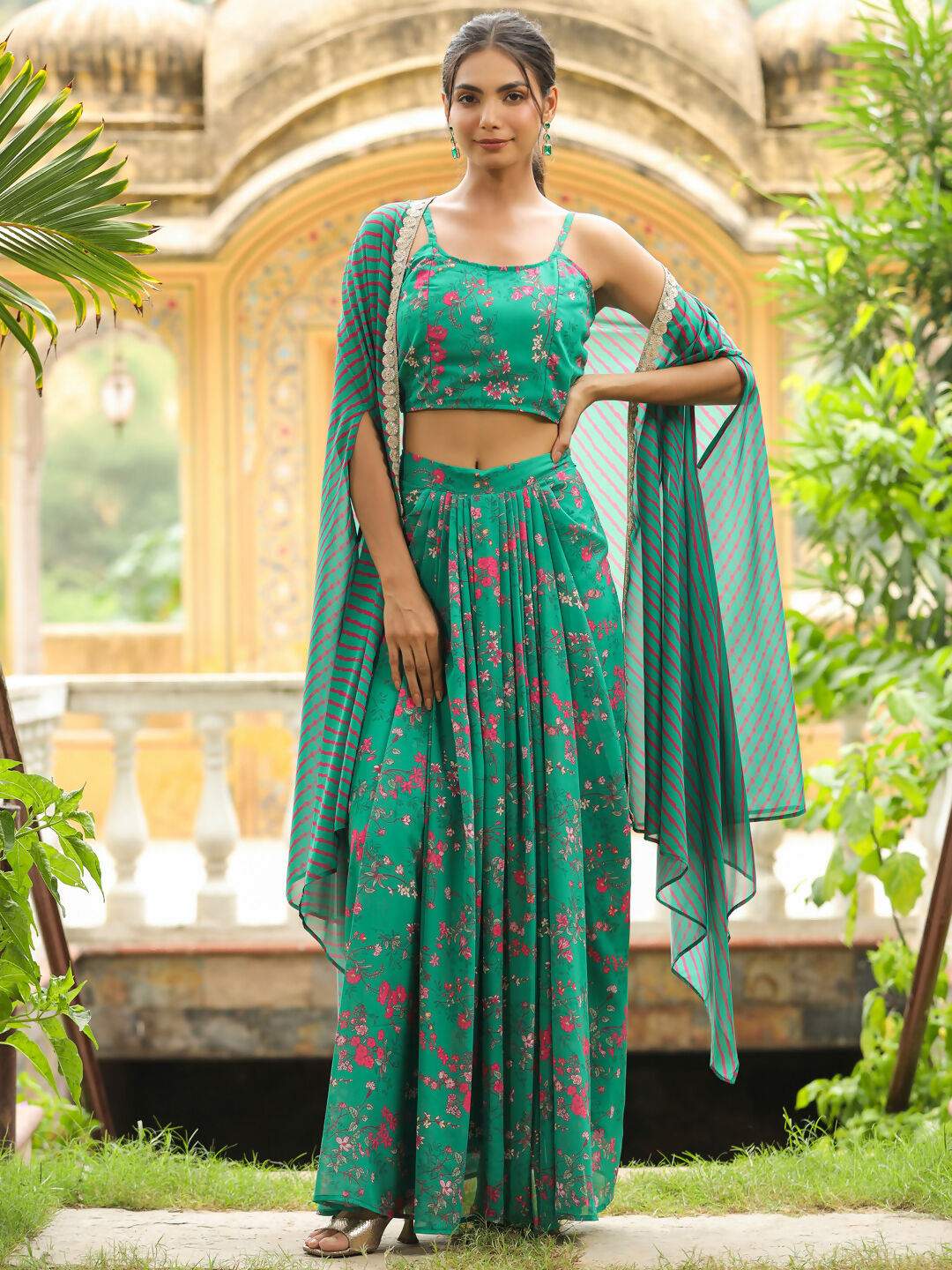 Janasya Green Georgette Floral Top Bottom Cape 