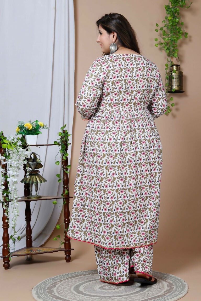 Miravan Women's Plus Size Cotton Floral Print Anarkali Kurta And Sharara Set