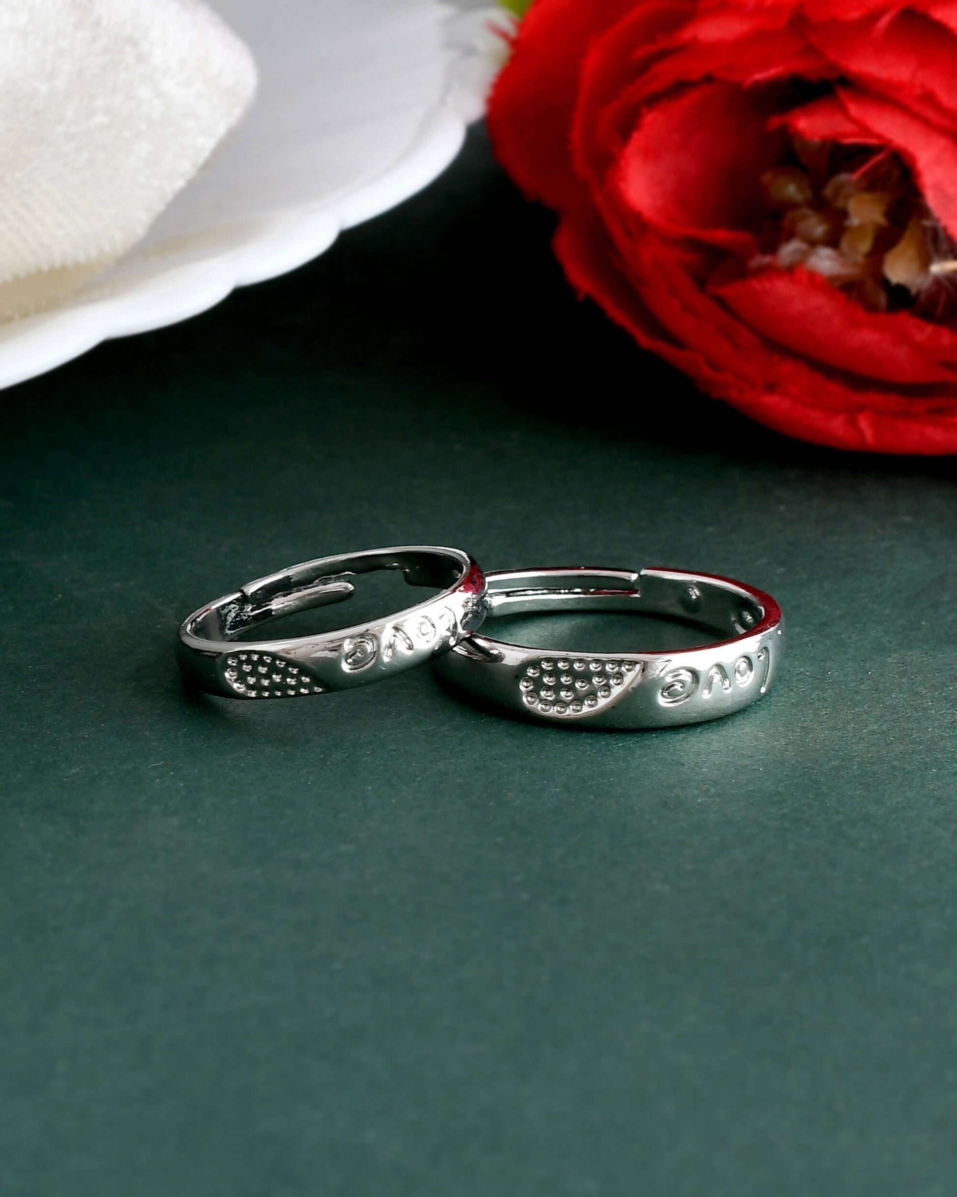 VOJ Stainless Steel Cubic Zirconia Silver Plated Adjustable Ring Set for Couple 