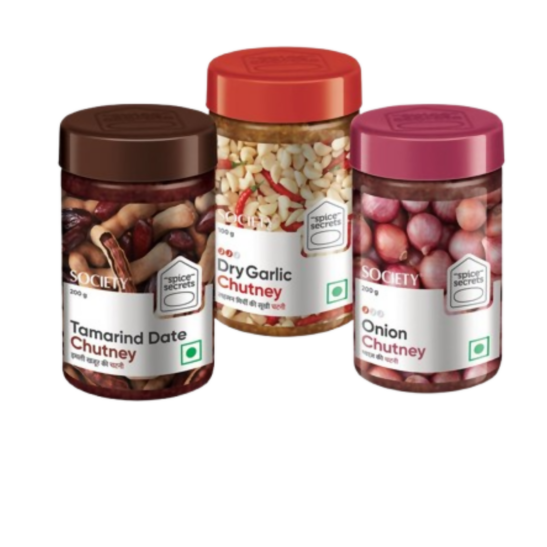 Society Onion Chutney & Dry Garlic Chutney & Tamarind Date Chutney Combo 