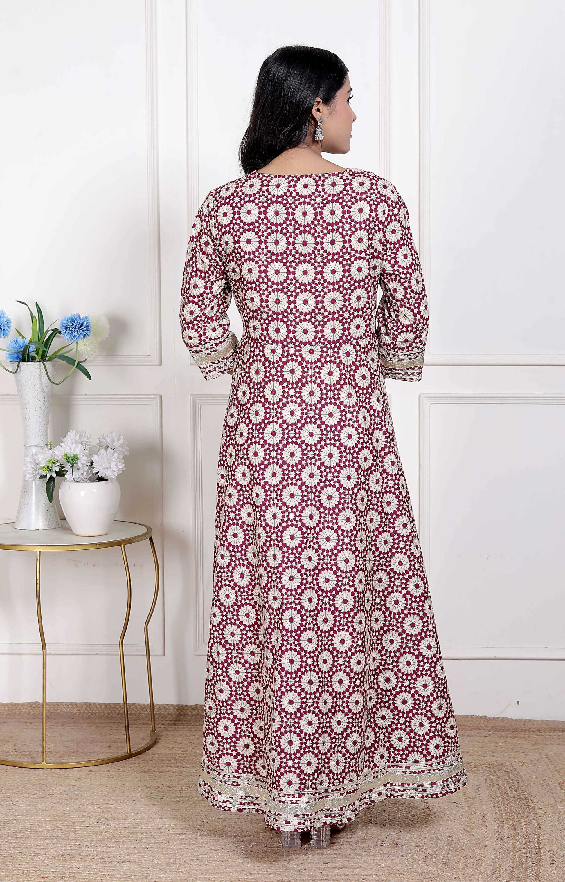 Miravan Women's Cream Embroidered Cotton Anarkali Kurta 