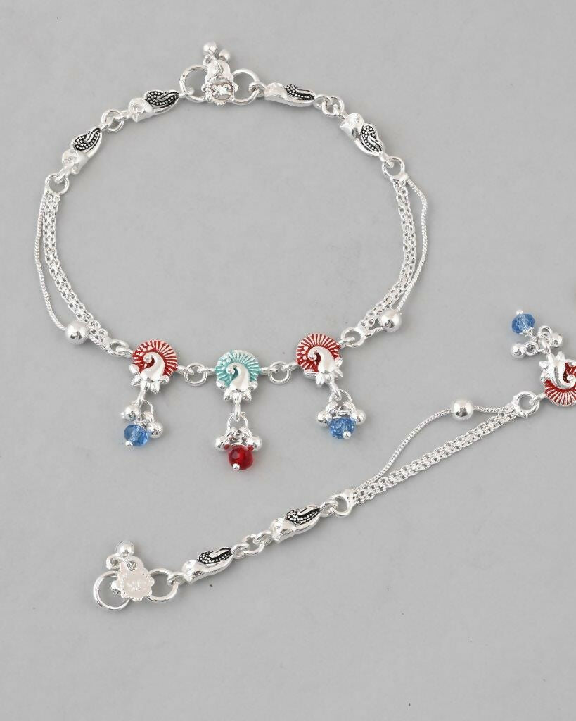 VOJ Set of 2 Silver Plated Peacock Shaped Multi Color Anklet 