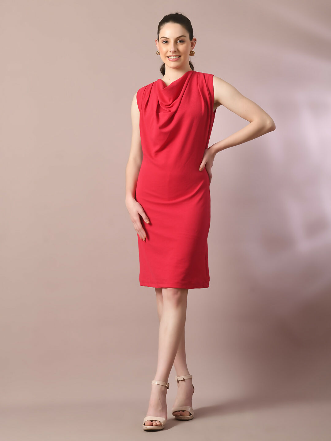 Myshka Women's Pink Solid Cowl Neck Bodycon Party Dress