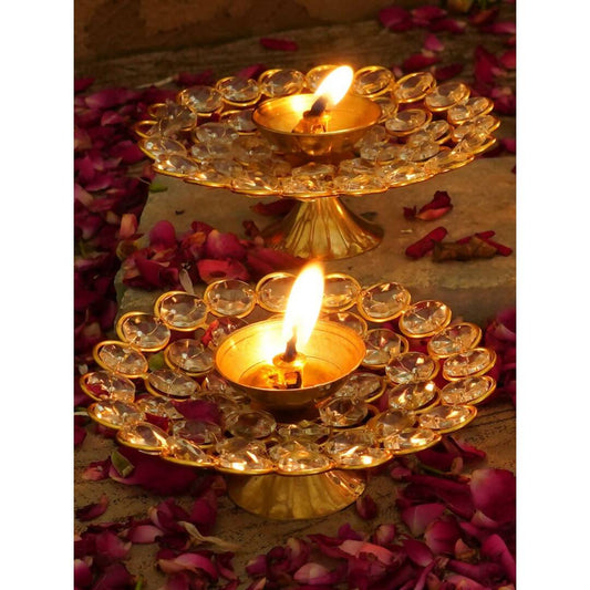 Tied Ribbons Set of 2 Gold-Toned Decorative Crystal Diyas 