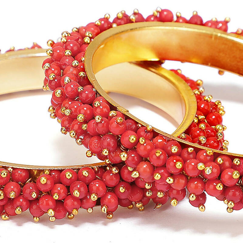 Mominos Fashion Joharkamal Gold-Polished Red Beads Work Bangles 