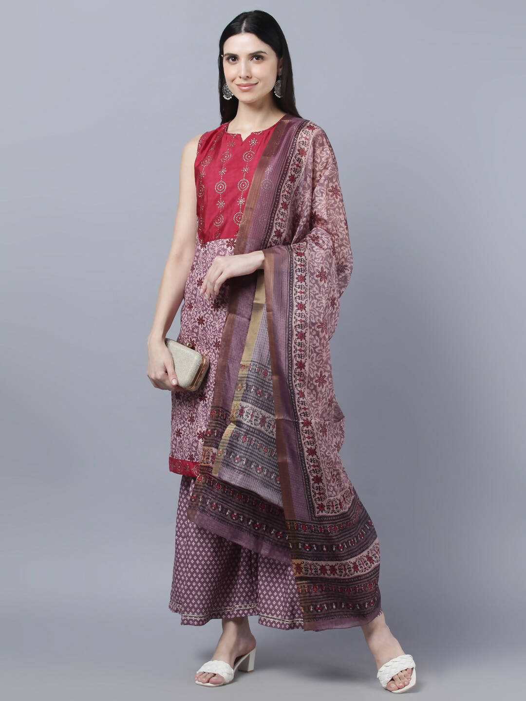 Myshka Women Multicoloured Embroidered Panelled Kurti with Palazzos With Dupatta