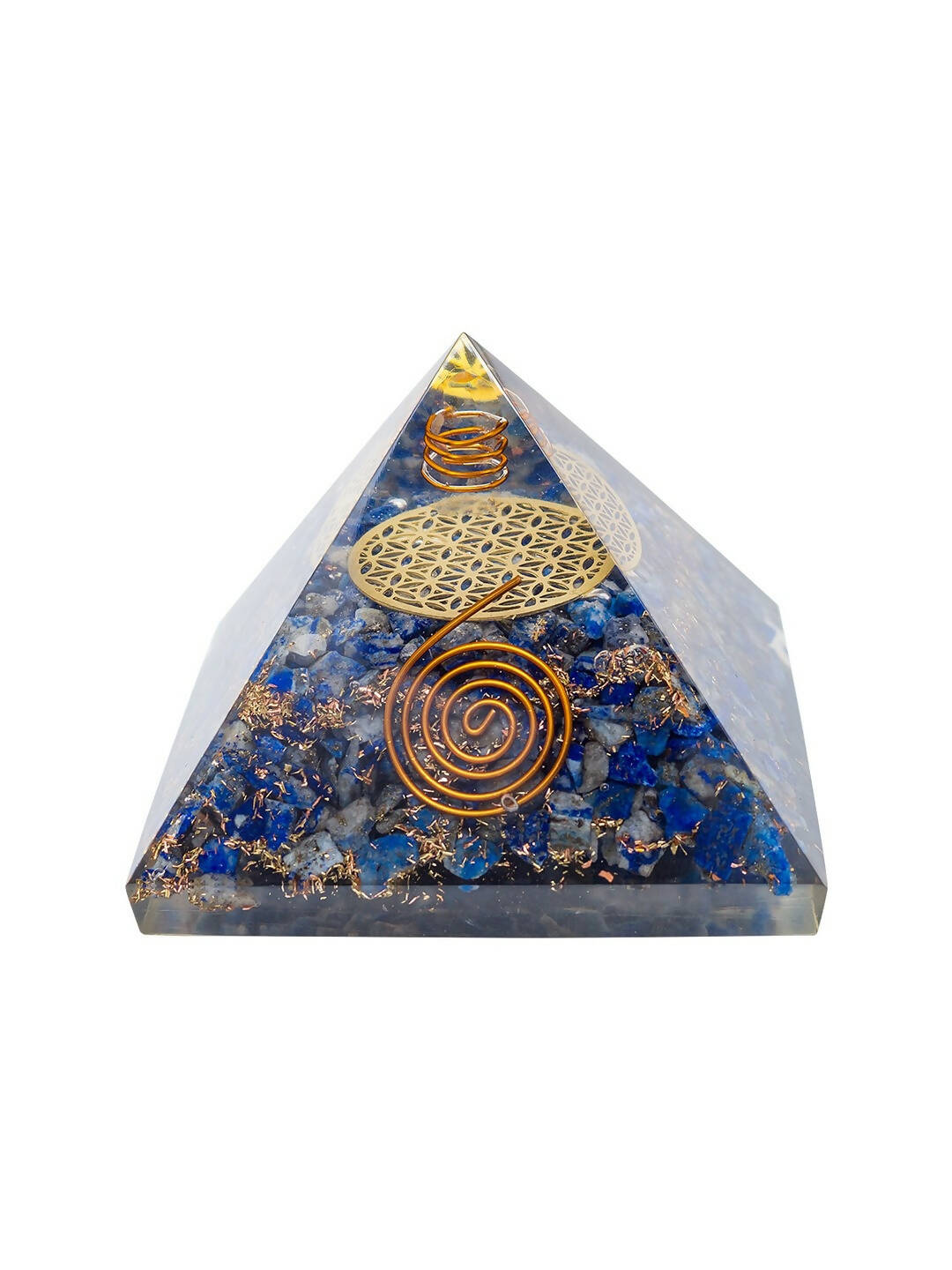 Golden Peacock Blue & Gold-Toned Lapis Lazuli Orgone Stone Pyramid Prism Paperweight 