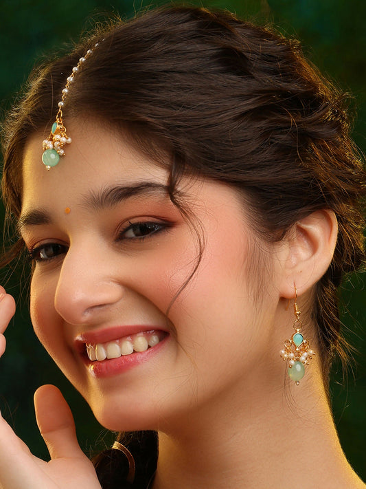 Ruby Raang Traditional Green Drop Maang Tikka And Earrings
