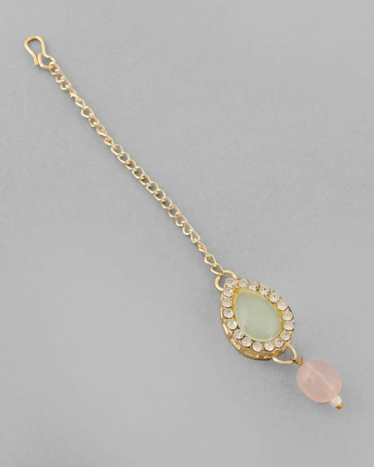 VOJ Gold Plated Nude Pink And Mint Green Stone Studded Jewellery Set With Maang Tikka - Grab2buy