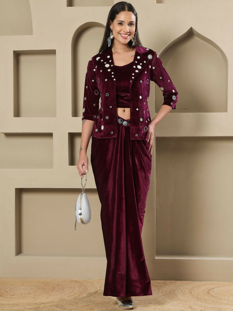Joban Fashion Women Wine Velvet Hand Embellishment Stitched Dress