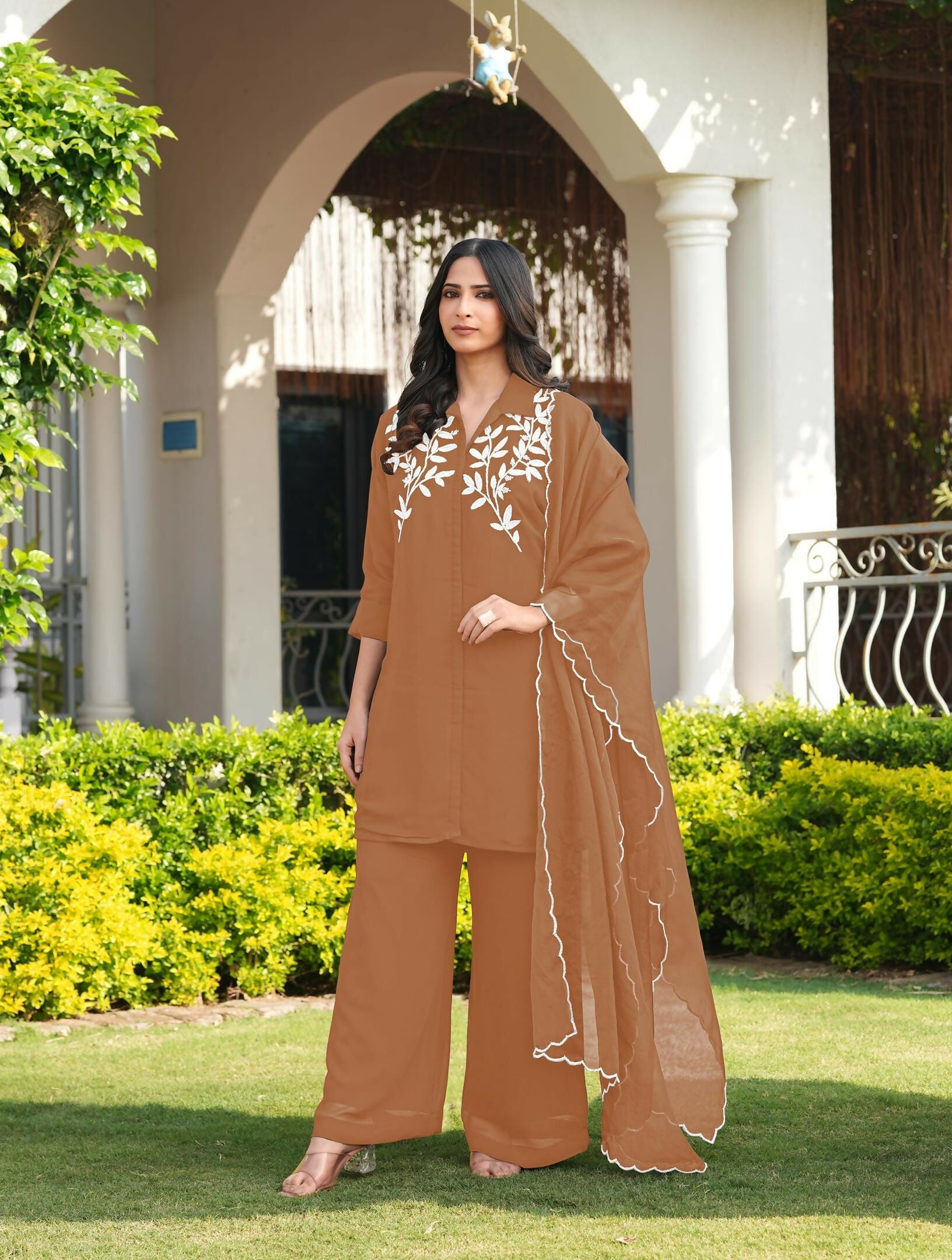 Nikhaar Light Brown Embroidered Viscose Georgette Stitched Straight Cut Kurta Culottes Dupatta Readymade Suit