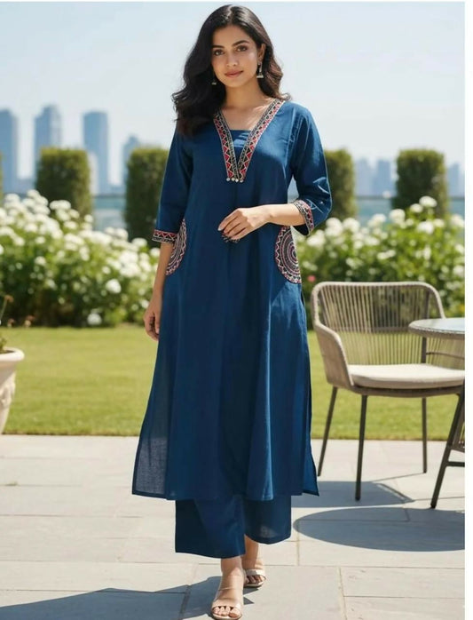 Miravan Womens Blue Straight Kurta With Palazzo Set