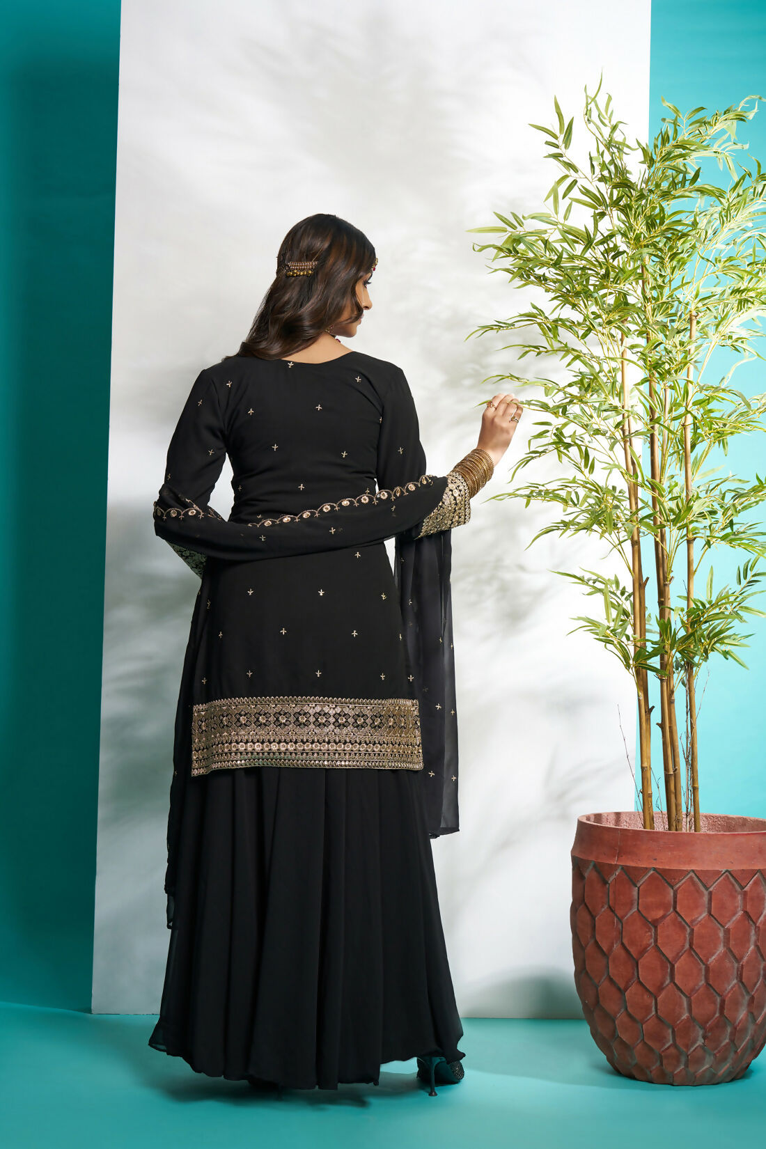 Aayaa Designer Faux Gorgette Embroidery Zari Sequins Thread work Full Flaired plazzo Suit with Dupatta - Black