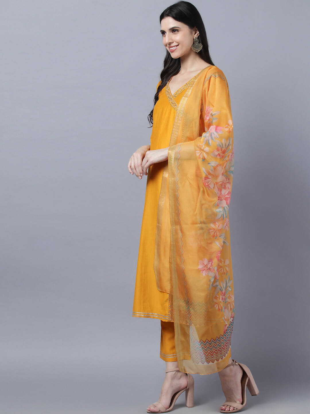 Myshka Stylish Mustard 3/4 Sleeve Women's Kurta Pant with Dupatta Set